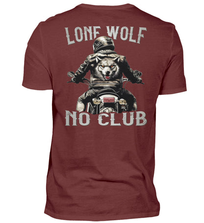 Ein Biker T-Shirt für Motorradfahrer von Wingbikers mit dem Aufdruck, Lone Wolf - No Club, als Back Print, in weinrot.