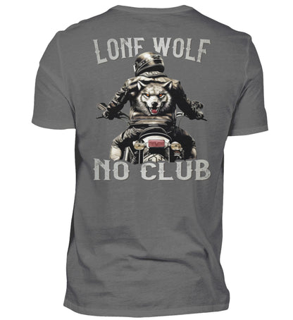 Ein Biker T-Shirt für Motorradfahrer von Wingbikers mit dem Aufdruck, Lone Wolf - No Club, als Back Print, in grau.