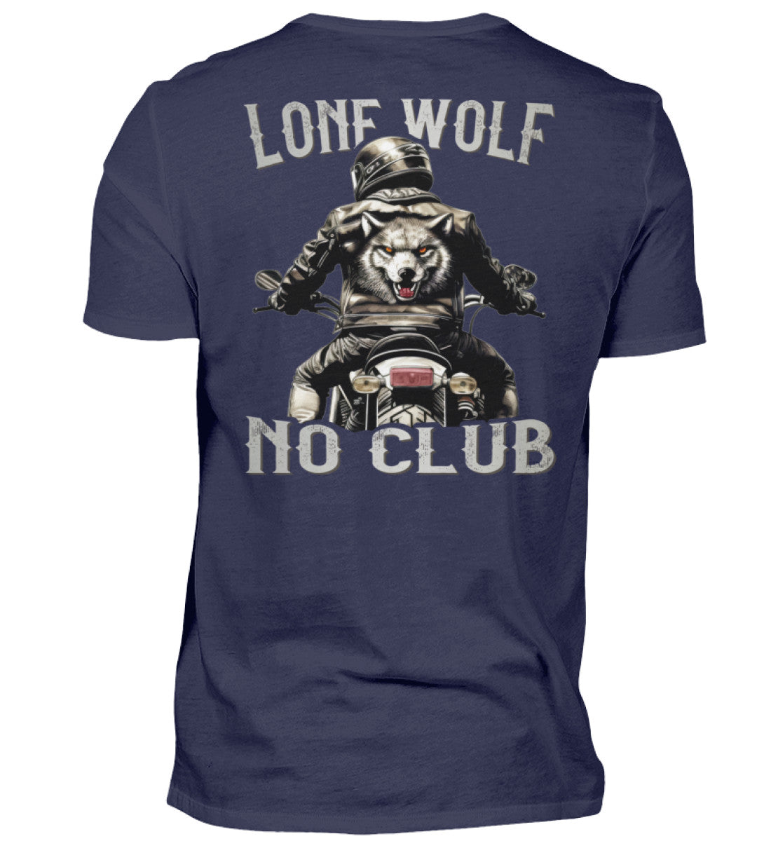 Ein Biker T-Shirt für Motorradfahrer von Wingbikers mit dem Aufdruck, Lone Wolf - No Club, als Back Print, in navy blau.