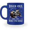 Eine Motorrad Tasse von Wingbikers, mit dem beidseitigen Aufdruck, Biker Oma - Benzin im Blut - Oma mit Herz und Seele, in royal blau.