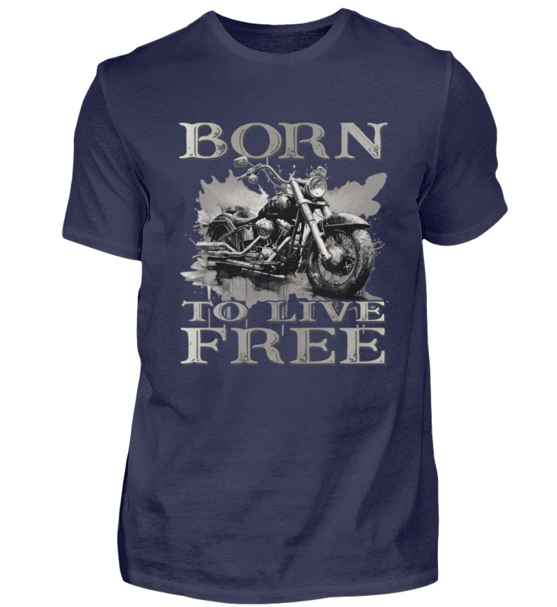 Ein Biker T-Shirt für Motorradfahrer von Wingbikers mit dem Aufdruck,  Born to Live Free, in navy blau. 