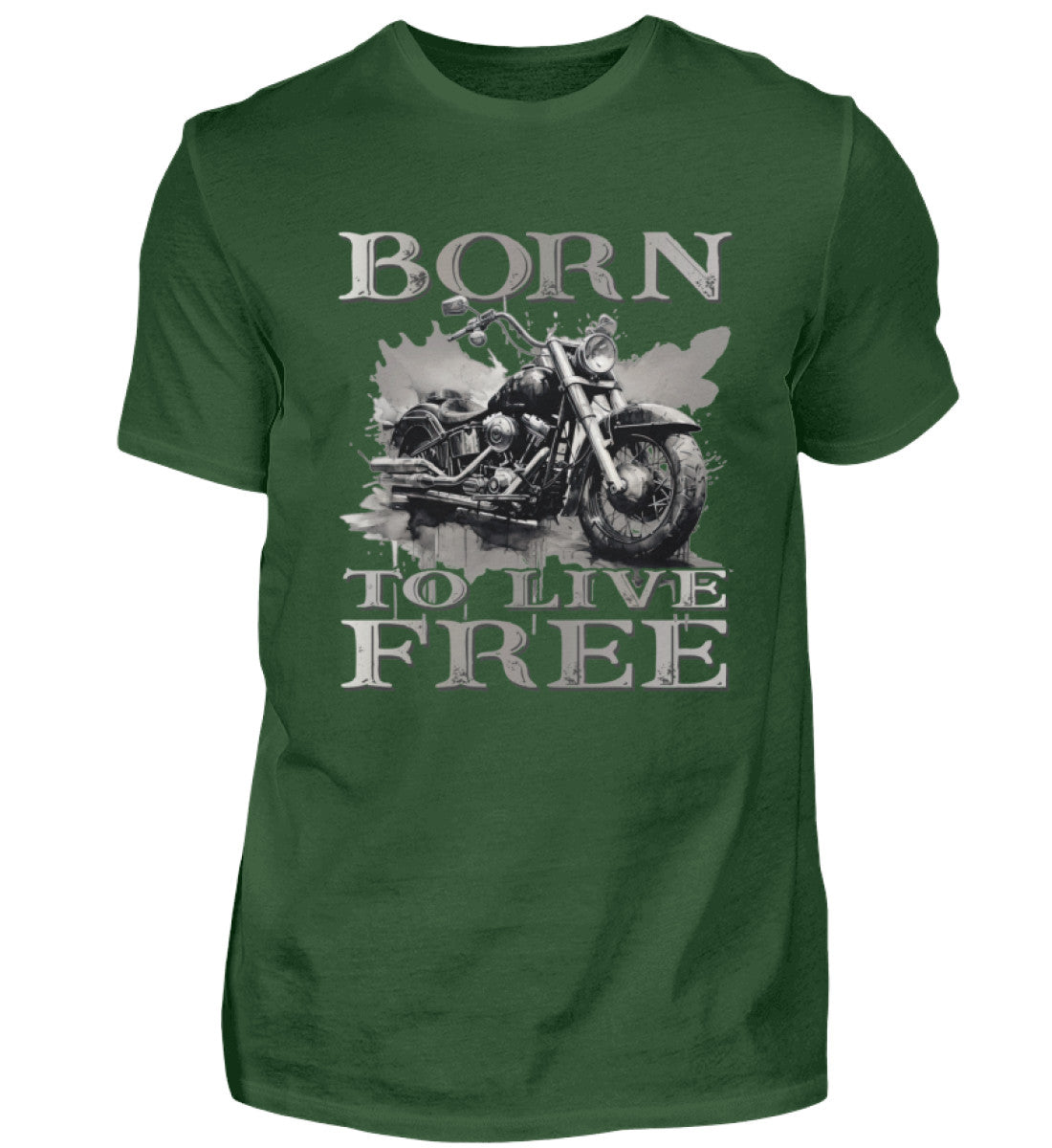 Ein Biker T-Shirt für Motorradfahrer von Wingbikers mit dem Aufdruck,  Born to Live Free, in dunkelgrün. 