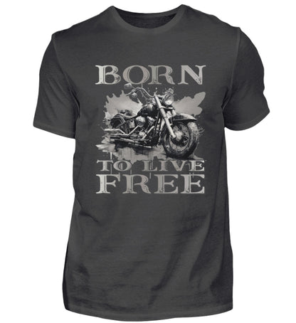 Ein Biker T-Shirt für Motorradfahrer von Wingbikers mit dem Aufdruck,  Born to Live Free, in dunkelgrau. 