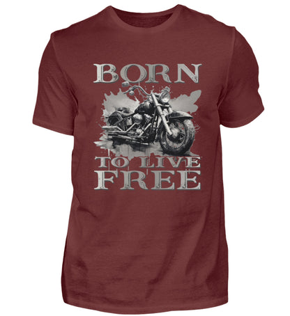 Ein Biker T-Shirt für Motorradfahrer von Wingbikers mit dem Aufdruck,  Born to Live Free, in weinrot. 