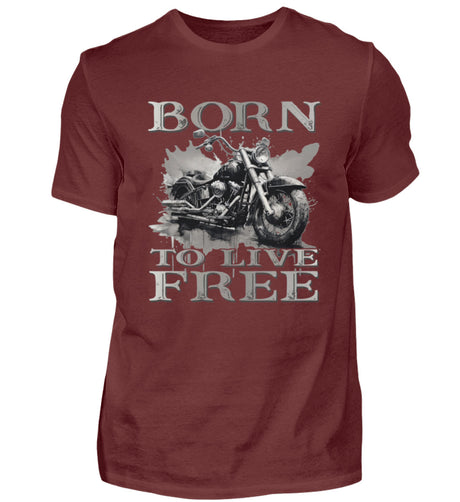 Ein Biker T-Shirt für Motorradfahrer von Wingbikers mit dem Aufdruck,  Born to Live Free, in weinrot. 