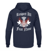 Ein Biker Hoodie für Motorradfahrer von Wingbikers mit dem Aufdruck, Respekt All - Fear None - mit Thorshammer in navy blau.