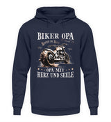 Ein Biker Hoodie für Motorradfahrer von Wingbikers mit dem Aufdruck, Biker Opa - Benzin im Blut - Opa mit Herz und Seele, in navy blau.