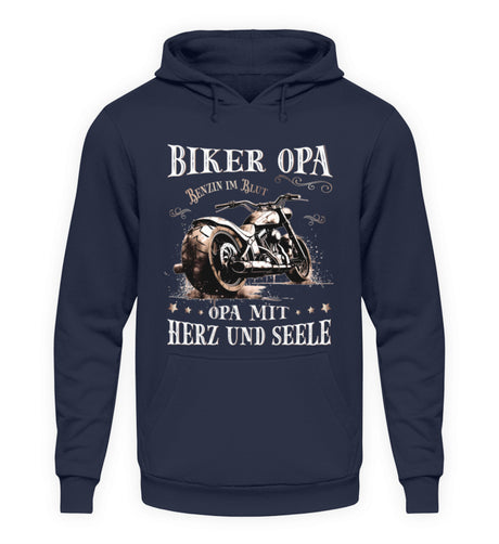 Ein Biker Hoodie für Motorradfahrer von Wingbikers mit dem Aufdruck, Biker Opa - Benzin im Blut - Opa mit Herz und Seele, in navy blau.