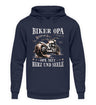 Ein Biker Hoodie für Motorradfahrer von Wingbikers mit dem Aufdruck, Biker Opa - Benzin im Blut - Opa mit Herz und Seele, in navy blau.