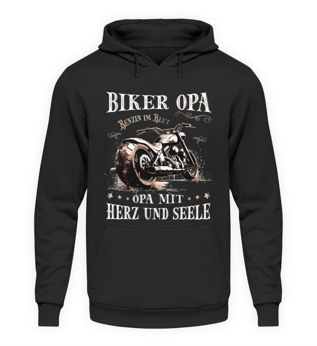Ein Biker Hoodie für Motorradfahrer von Wingbikers mit dem Aufdruck, Biker Opa - Benzin im Blut - Opa mit Herz und Seele, in schwarz.