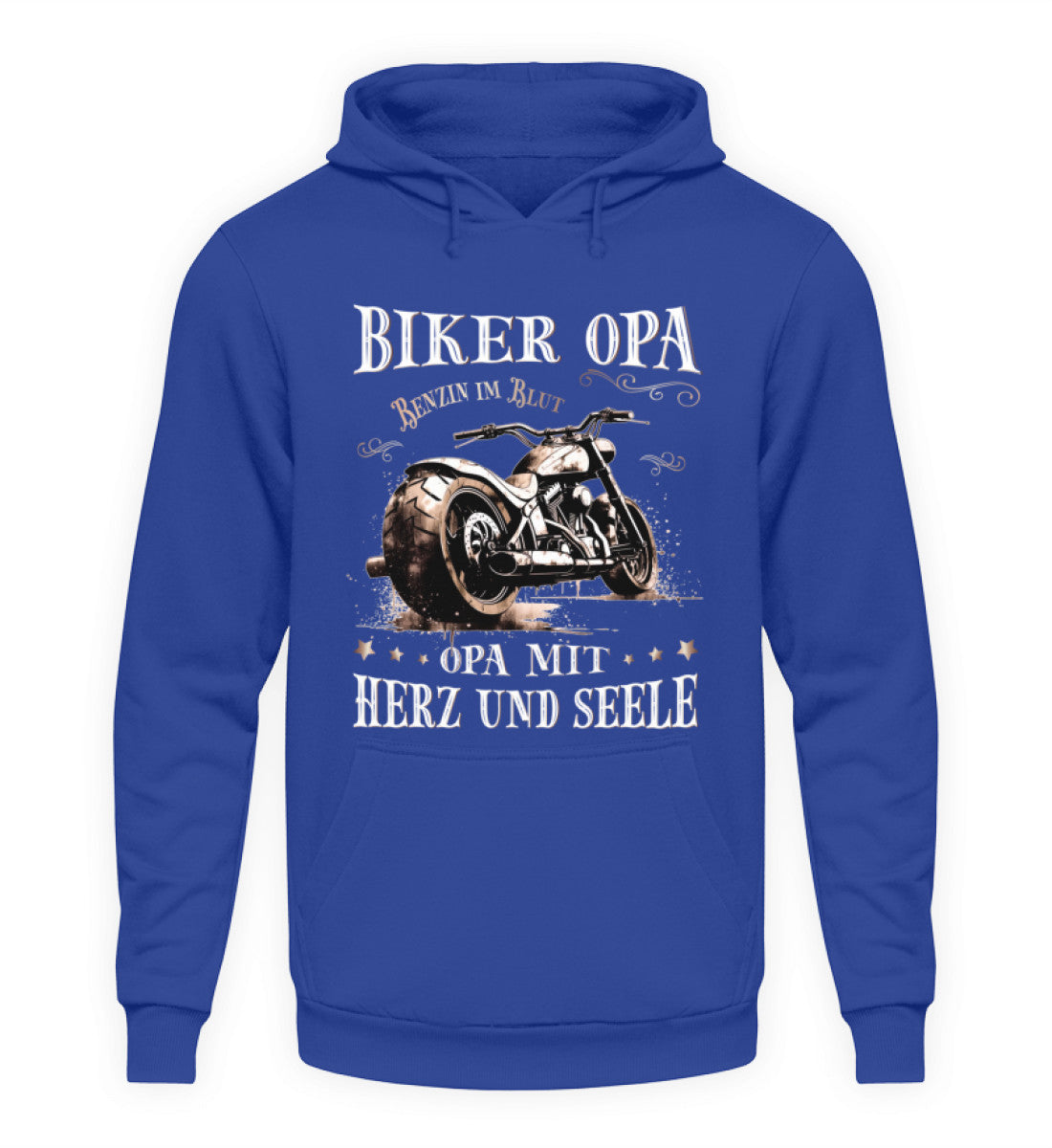 Ein Biker Hoodie für Motorradfahrer von Wingbikers mit dem Aufdruck, Biker Opa - Benzin im Blut - Opa mit Herz und Seele, in royal blau.