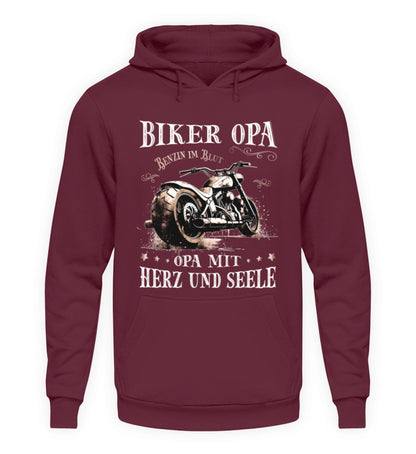 Ein Biker Hoodie für Motorradfahrer von Wingbikers mit dem Aufdruck, Biker Opa - Benzin im Blut - Opa mit Herz und Seele, in burgunder weinrot.