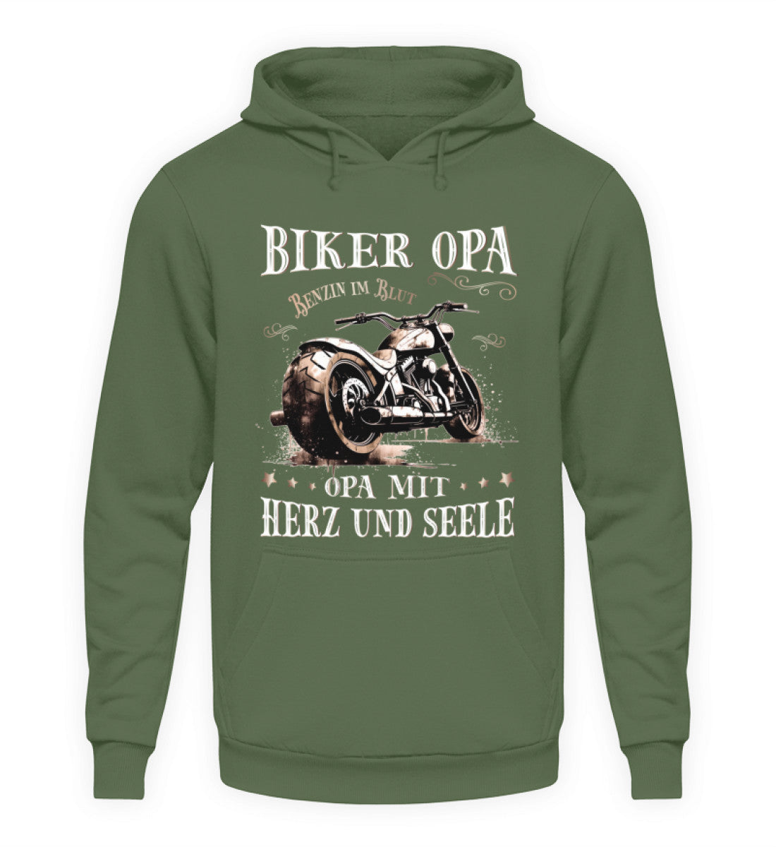 Ein Biker Hoodie für Motorradfahrer von Wingbikers mit dem Aufdruck, Biker Opa - Benzin im Blut - Opa mit Herz und Seele, in erdgrün.