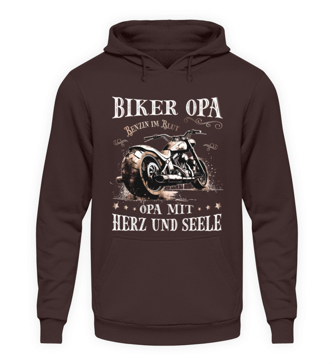 Ein Biker Hoodie für Motorradfahrer von Wingbikers mit dem Aufdruck, Biker Opa - Benzin im Blut - Opa mit Herz und Seele, in braun.