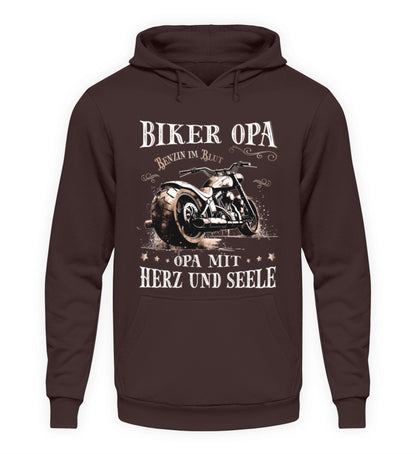 Ein Biker Hoodie für Motorradfahrer von Wingbikers mit dem Aufdruck, Biker Opa - Benzin im Blut - Opa mit Herz und Seele, in braun.