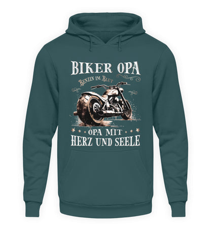 Ein Biker Hoodie für Motorradfahrer von Wingbikers mit dem Aufdruck, Biker Opa - Benzin im Blut - Opa mit Herz und Seele, in petrol türkis.