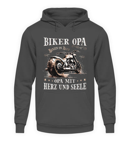 Ein Biker Hoodie für Motorradfahrer von Wingbikers mit dem Aufdruck, Biker Opa - Benzin im Blut - Opa mit Herz und Seele, in dunkelgrau.