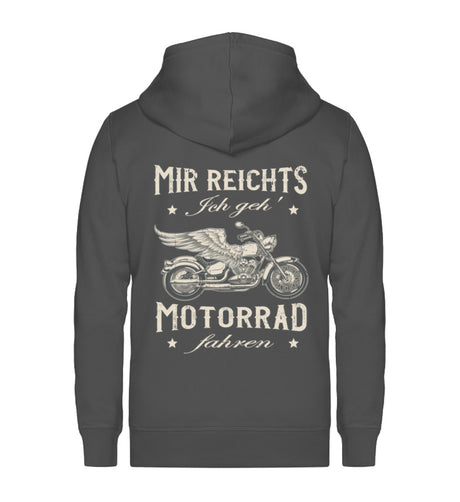 Eine Biker Hoodie-Jacke für Motorradfahrer von Wingbikers mit dem Aufdruck, Mir reichts, ich geh´ Motorrad fahren - in dunkelgrau.