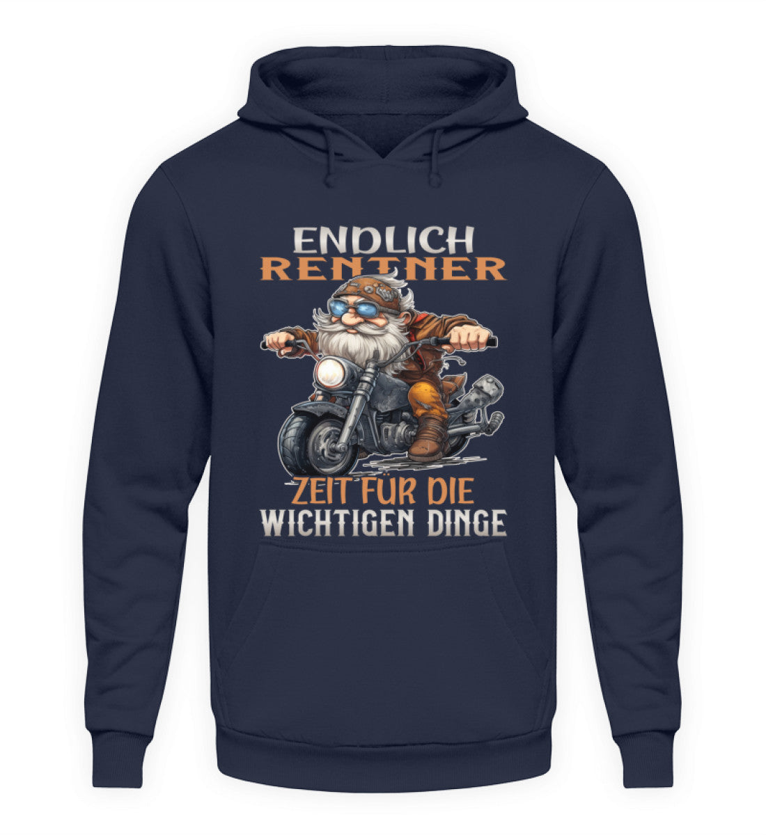 Ein Hoodie für Motorradfahrer von Wingbikers mit dem Aufdruck, Endlich Rente, Zeit für die wichtigen Dinge, in navy blau.