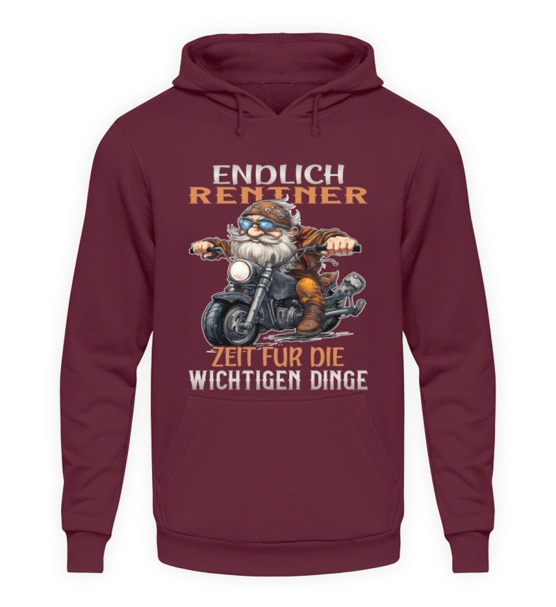 Ein Hoodie für Motorradfahrer von Wingbikers mit dem Aufdruck, Endlich Rente, Zeit für die wichtigen Dinge, in burgunder weinrot.