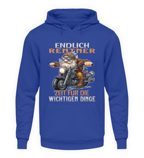 Ein Hoodie für Motorradfahrer von Wingbikers mit dem Aufdruck, Endlich Rente, Zeit für die wichtigen Dinge, in royal blau.