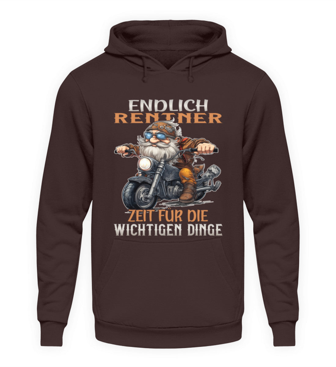 Ein Hoodie für Motorradfahrer von Wingbikers mit dem Aufdruck, Endlich Rente, Zeit für die wichtigen Dinge, in braun.