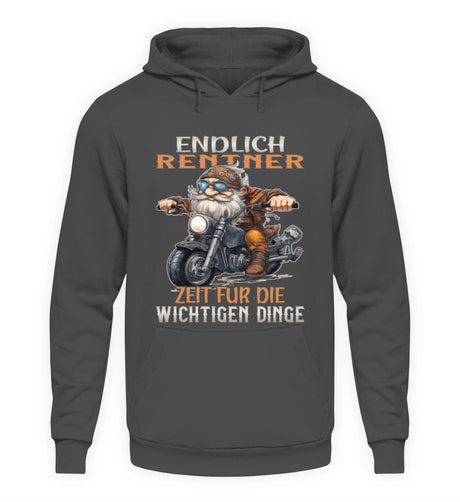 Ein Hoodie für Motorradfahrer von Wingbikers mit dem Aufdruck, Endlich Rente, Zeit für die wichtigen Dinge, in dunkelgrau.