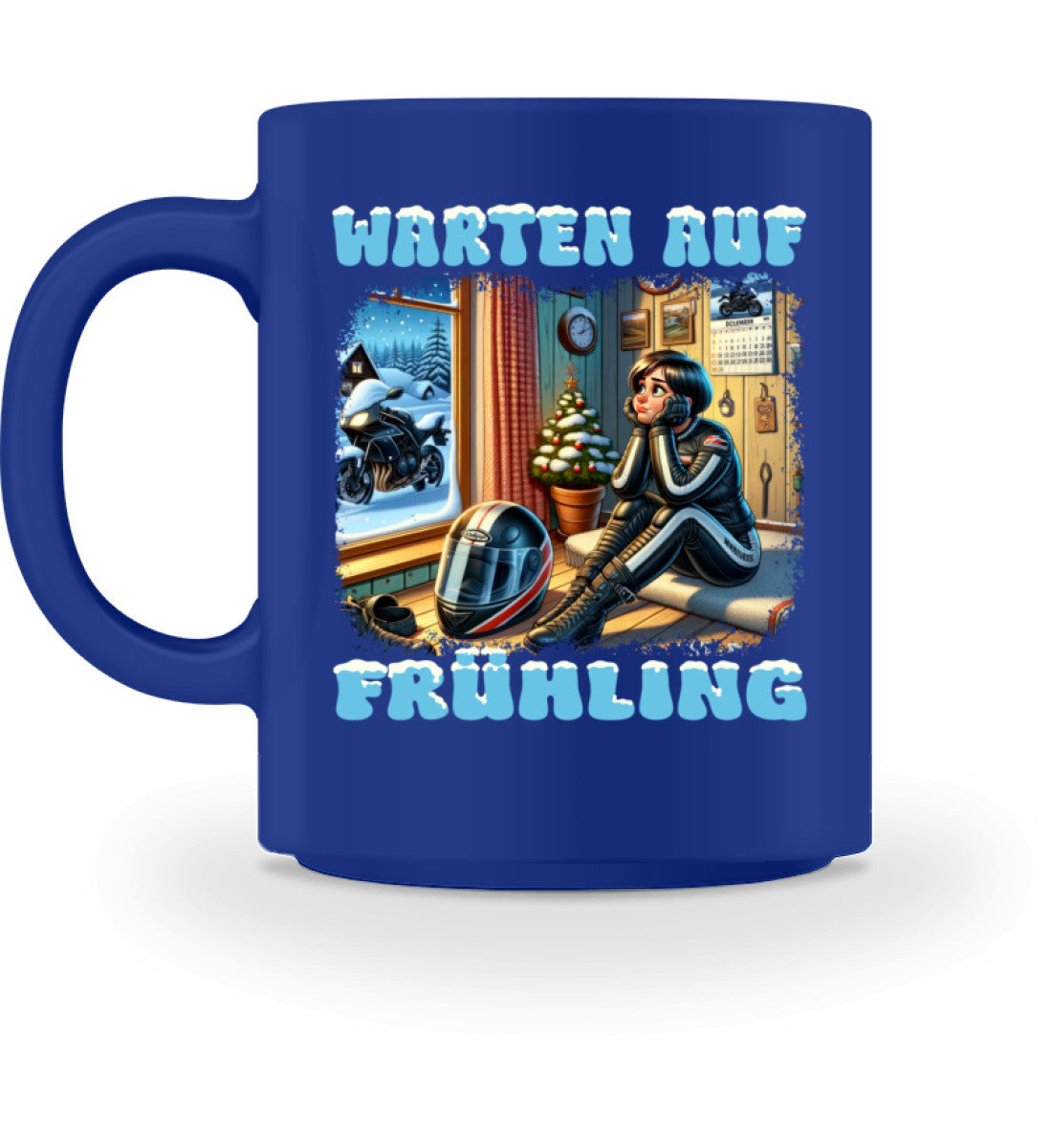 Eine Tasse für Motorradfahrerinnen von Wingbikers, mit dem beidseitigen Aufdruck, Warten auf Frühling, in royal blau.