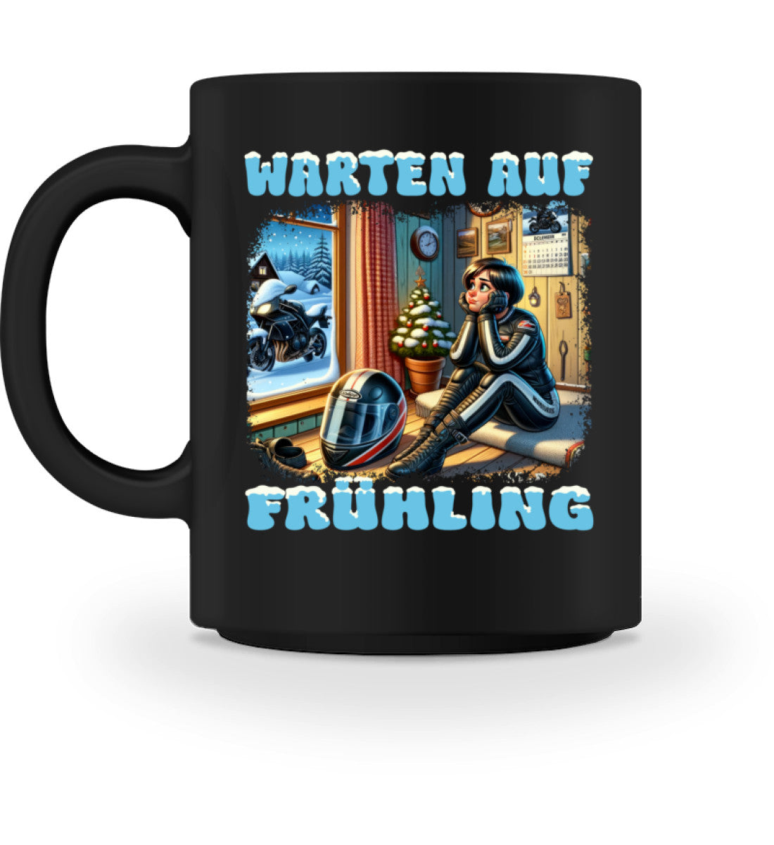 Eine Tasse für Motorradfahrerinnen von Wingbikers, mit dem beidseitigen Aufdruck, Warten auf Frühling, in schwarz.