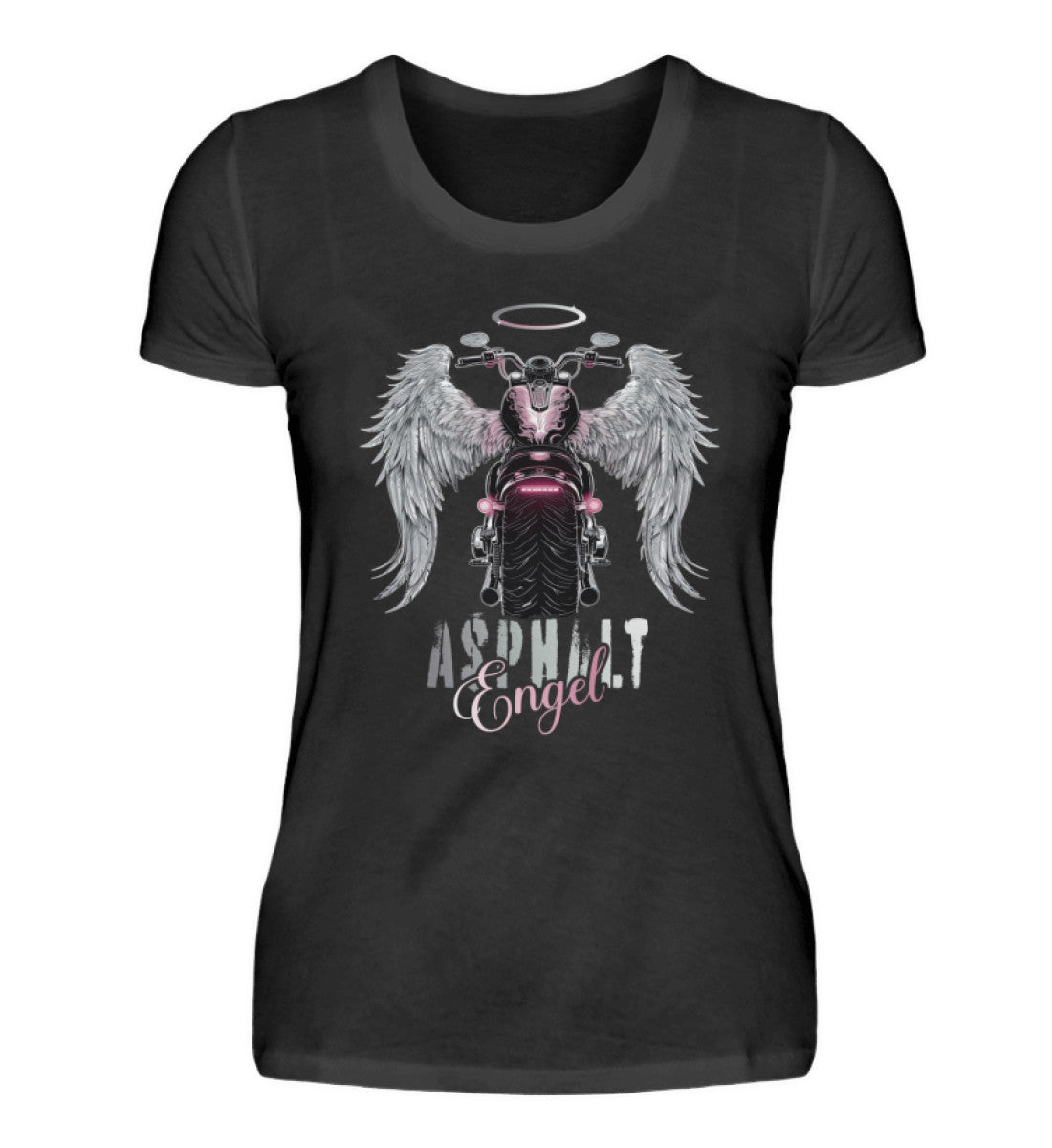 Ein Bikerin T-Shirt für Motorradfahrerinnen von Wingbikers mit dem Aufdruck, Asphalt Engel - mit Flügeln, in schwarz.