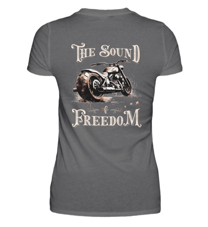 Ein T-Shirt für Motorradfahrerinnen von Wingbikers mit dem Aufdruck, The Sound of Freedom, als Backprint in dunkelgrau.