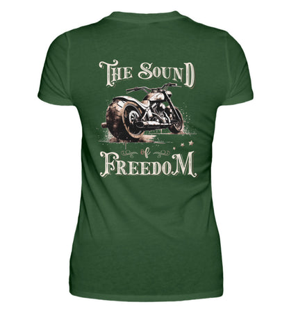 Ein T-Shirt für Motorradfahrerinnen von Wingbikers mit dem Aufdruck, The Sound of Freedom, als Backprint in dunkelgrün.