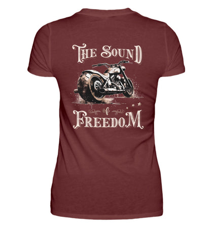 Ein T-Shirt für Motorradfahrerinnen von Wingbikers mit dem Aufdruck, The Sound of Freedom, als Backprint in weinrot.