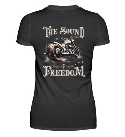 Ein T-Shirt für Motorradfahrerinnen von Wingbikers mit dem Aufdruck, The Sound of Freedom, als Backprint in schwarz.