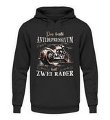 Ein Biker Hoodie für Motorradfahrer von Wingbikers mit dem Aufdruck, Das beste Antidepressivum hat zwei Räder, in schwarz.