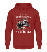 Ein Biker Hoodie für Motorradfahrer von Wingbikers mit dem Aufdruck, Das beste Antidepressivum hat zwei Räder, in backsteinrot.