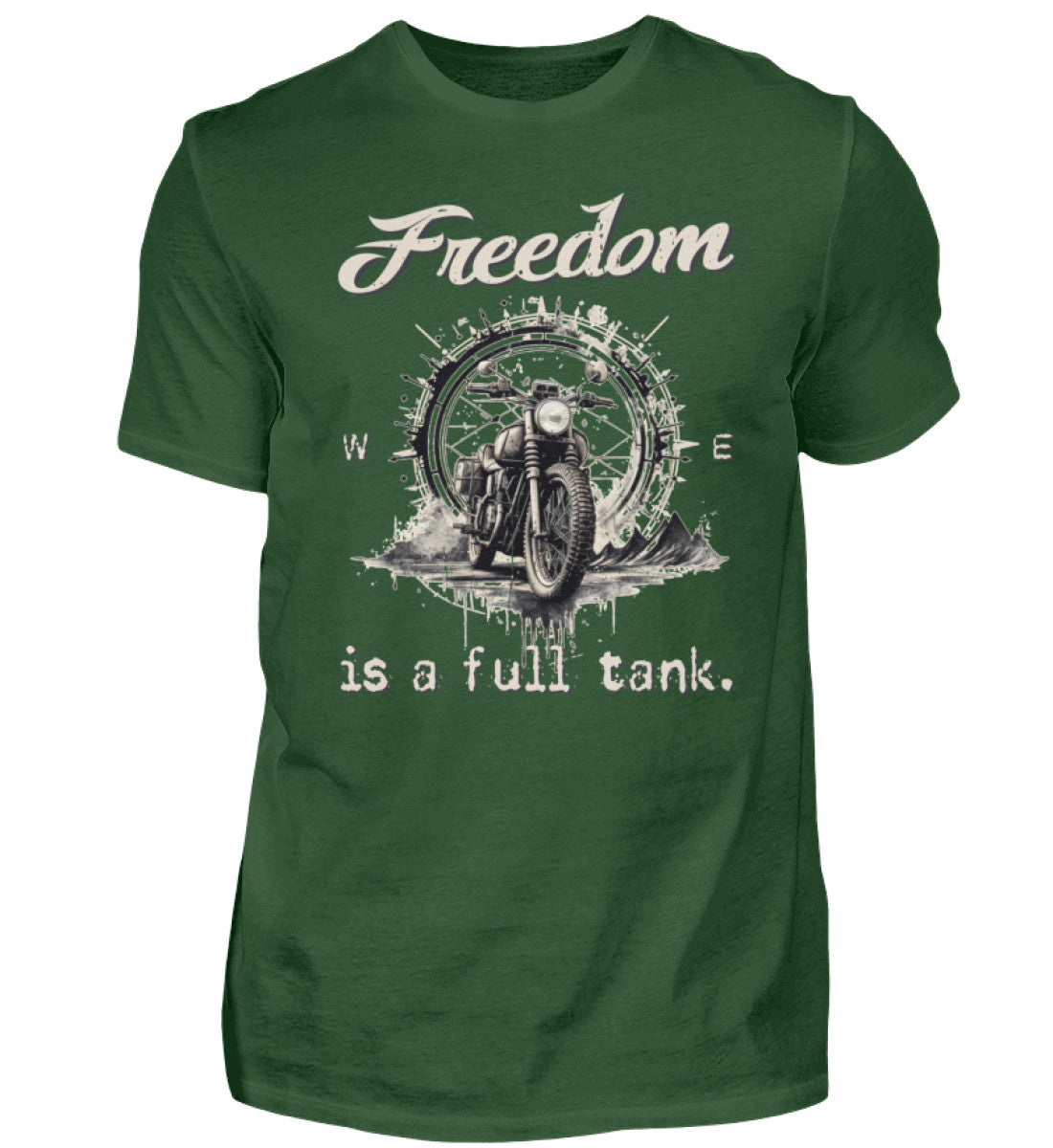 Ein T-Shirt für Motorradfahrer von Wingbikers mit dem Aufdruck, Freedom Is A Full Tank - Freiheit ist ein voller Tank - mit einem Retro Vintage klassischem Motorrad, in dunkelgrün.