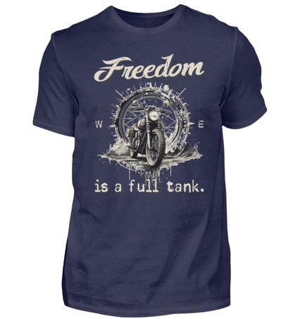 Ein T-Shirt für Motorradfahrer von Wingbikers mit dem Aufdruck, Freedom Is A Full Tank - Freiheit ist ein voller Tank - mit einem Retro Vintage klassischem Motorrad, in navy blau.