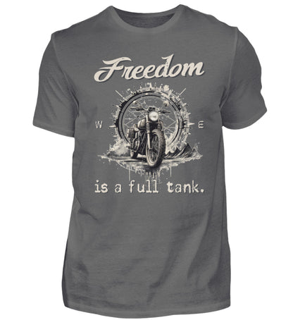 Ein T-Shirt für Motorradfahrer von Wingbikers mit dem Aufdruck, Freedom Is A Full Tank - Freiheit ist ein voller Tank - mit einem Retro Vintage klassischem Motorrad, in grau.