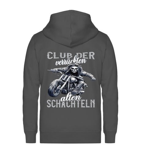 Ein Zip-Hoodie für Motorradfahrerinnen von Wingbikers mit dem Aufdruck, Club der verrückten alten Schachteln - in dunkelgrau.