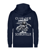 Ein Zip-Hoodie für Motorradfahrerinnen von Wingbikers mit dem Aufdruck, Club der verrückten alten Schachteln - in navy blau.