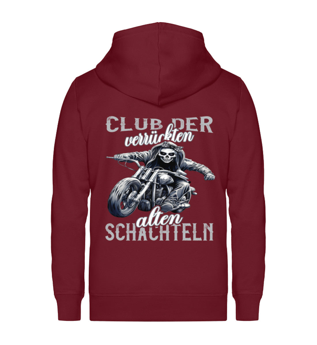 Ein Zip-Hoodie für Motorradfahrerinnen von Wingbikers mit dem Aufdruck, Club der verrückten alten Schachteln - in burgunder weinrot.