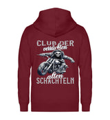 Ein Zip-Hoodie für Motorradfahrerinnen von Wingbikers mit dem Aufdruck, Club der verrückten alten Schachteln - in burgunder weinrot.