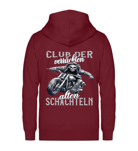 Ein Zip-Hoodie für Motorradfahrerinnen von Wingbikers mit dem Aufdruck, Club der verrückten alten Schachteln - in burgunder weinrot.