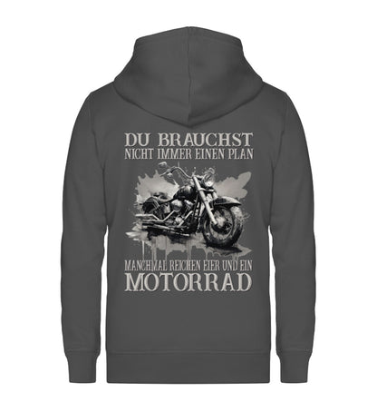 Eine Reißverschluss-Jacke für Motorradfahrer von Wingbikers mit dem Aufdruck, Du brauchst nicht immer einen Plan - Manchmal reichen Eier und ein Motorrad - in dunkelgrau.