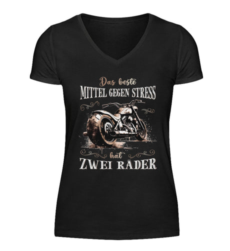 Ein T-Shirt mit V-Ausschnitt für Motorradfahrerinnen von Wingbikers mit dem Aufdruck, Das beste Mittel gegen Stress hat 2 Räder, in schwarz.