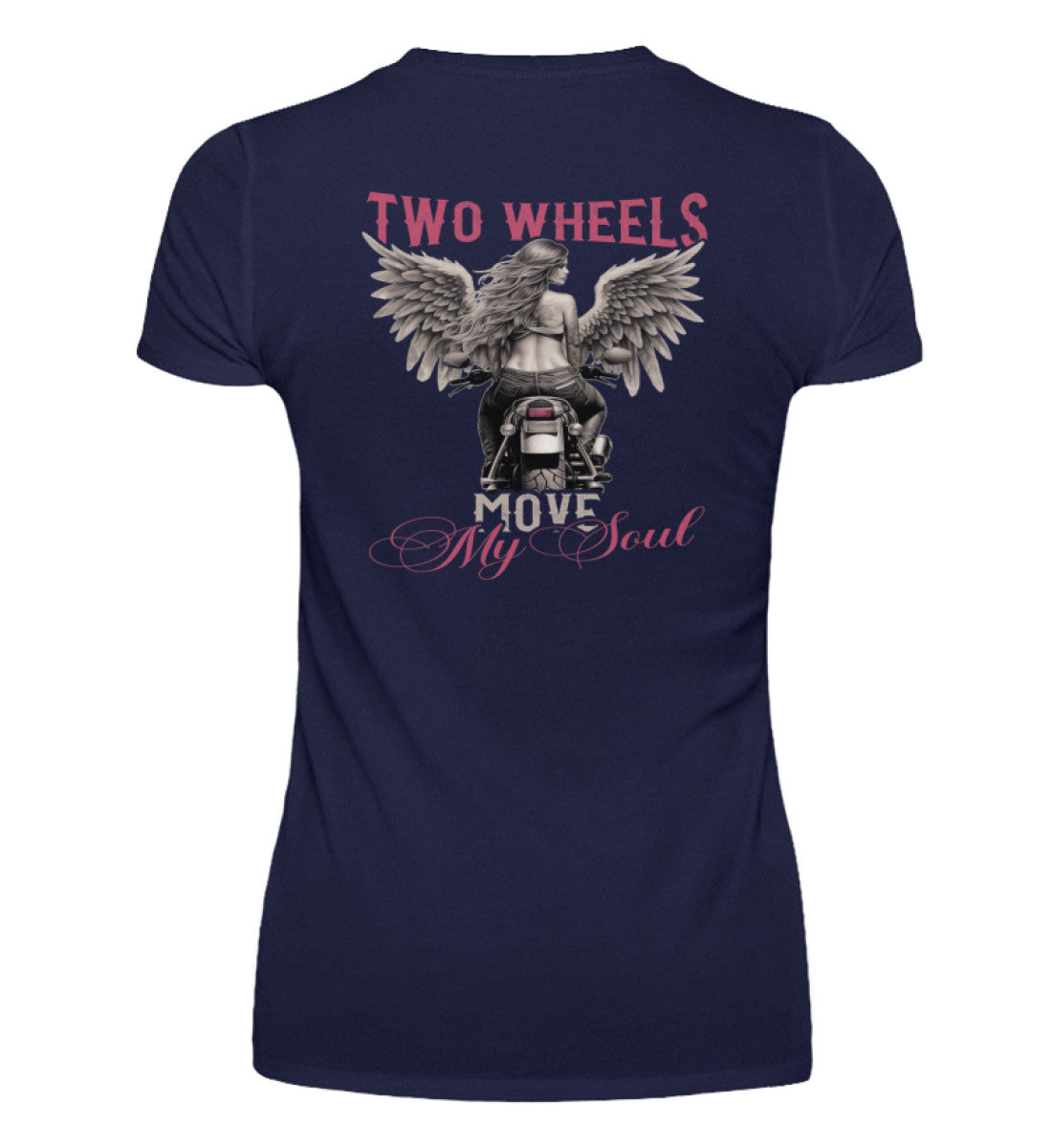 Ein T-Shirt mit V-Ausschnitt für Motorradfahrerinnen von Wingbikers mit dem Aufdruck, Two Wheels Move My Soul, als Back Print, in navy blau.