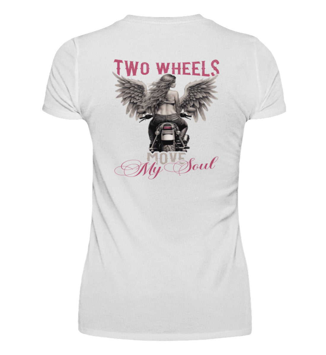Ein T-Shirt mit V-Ausschnitt für Motorradfahrerinnen von Wingbikers mit dem Aufdruck, Two Wheels Move My Soul, als Back Print, in weiß.