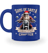 Eine weihnachtliche Tasse für Motorradfahrer von Wingbikers, mit dem beidseitigen Aufdruck, Sons of Santa - Christmas Chapter, in royal blau.