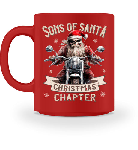 Eine weihnachtliche Tasse für Motorradfahrer von Wingbikers, mit dem beidseitigen Aufdruck, Sons of Santa - Christmas Chapter, in rot.